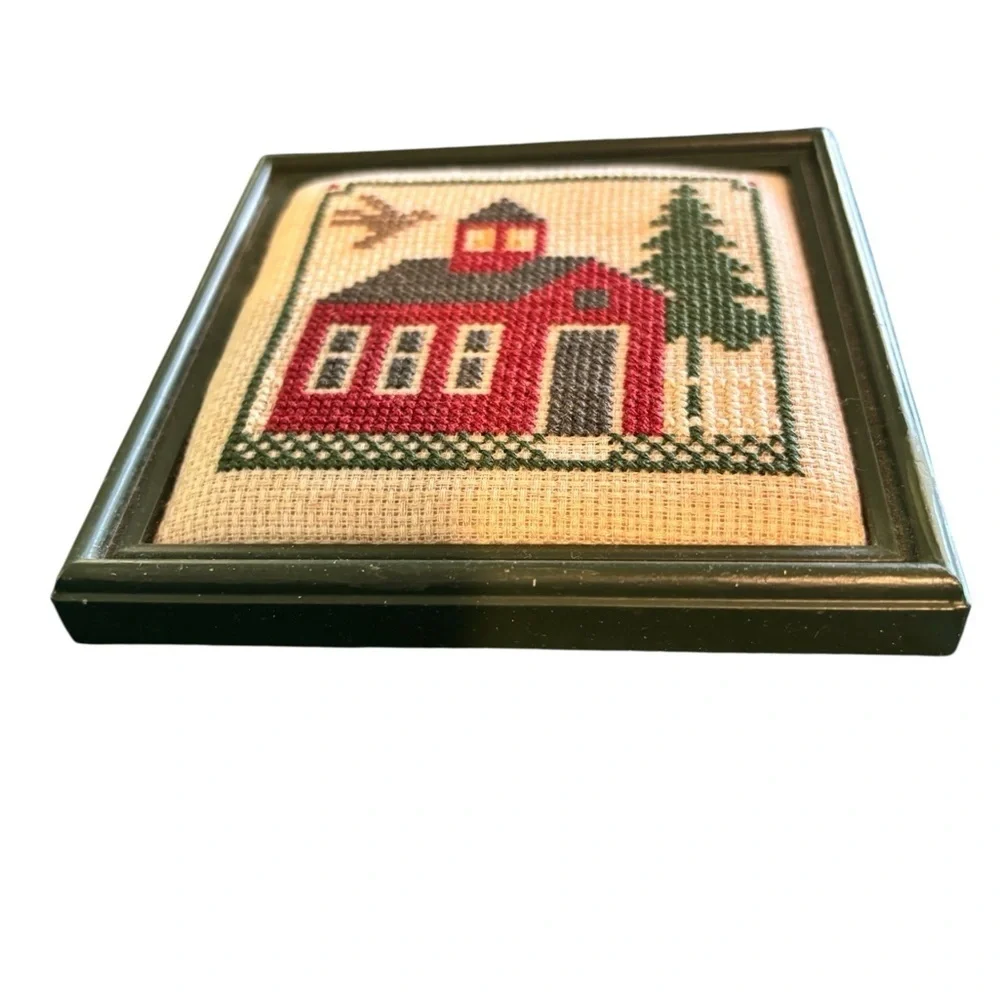 Cross Stitched September School House Square Mini Framed Art 4.5”X4.5” Collect